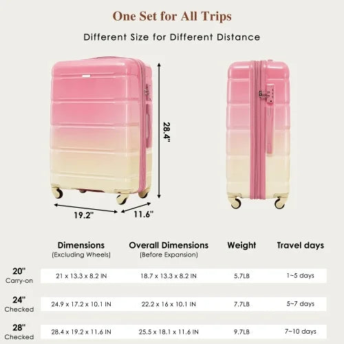 Luggage Set of 3, 20", with USB Port, Airline Certified Carry-On, with Cup Holder, ABS+PC Hard Shell Luggage