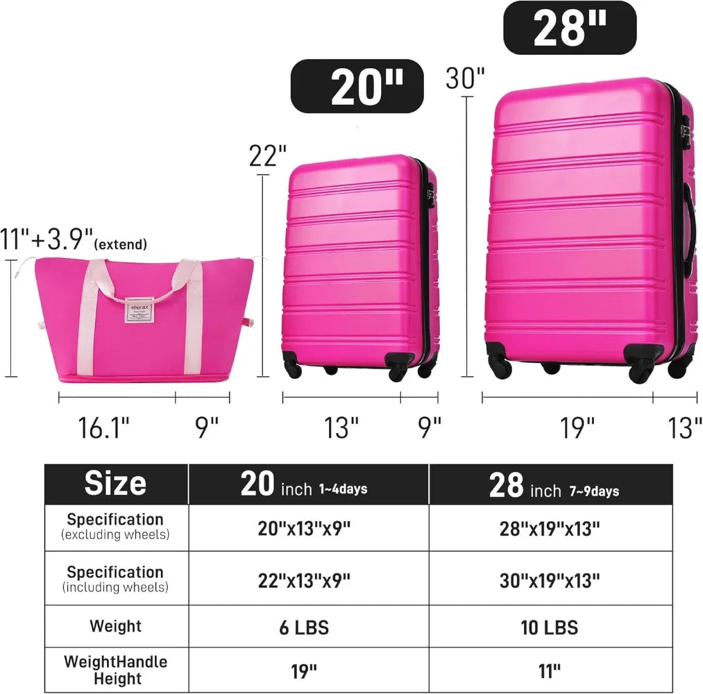 Luggage Sets 2 Piece Expandable Hardside Luggage with Travel Bag Suitcase Set with Spinner Wheel 20+28+bag,Pink-1