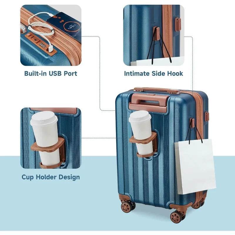 Luggage Sets 4 Piece Expandable Luggage Set, Hardside Carry on Suitcase with USB Port Cup Holder, Travel Luggage Suitcase - MarvelouStoree