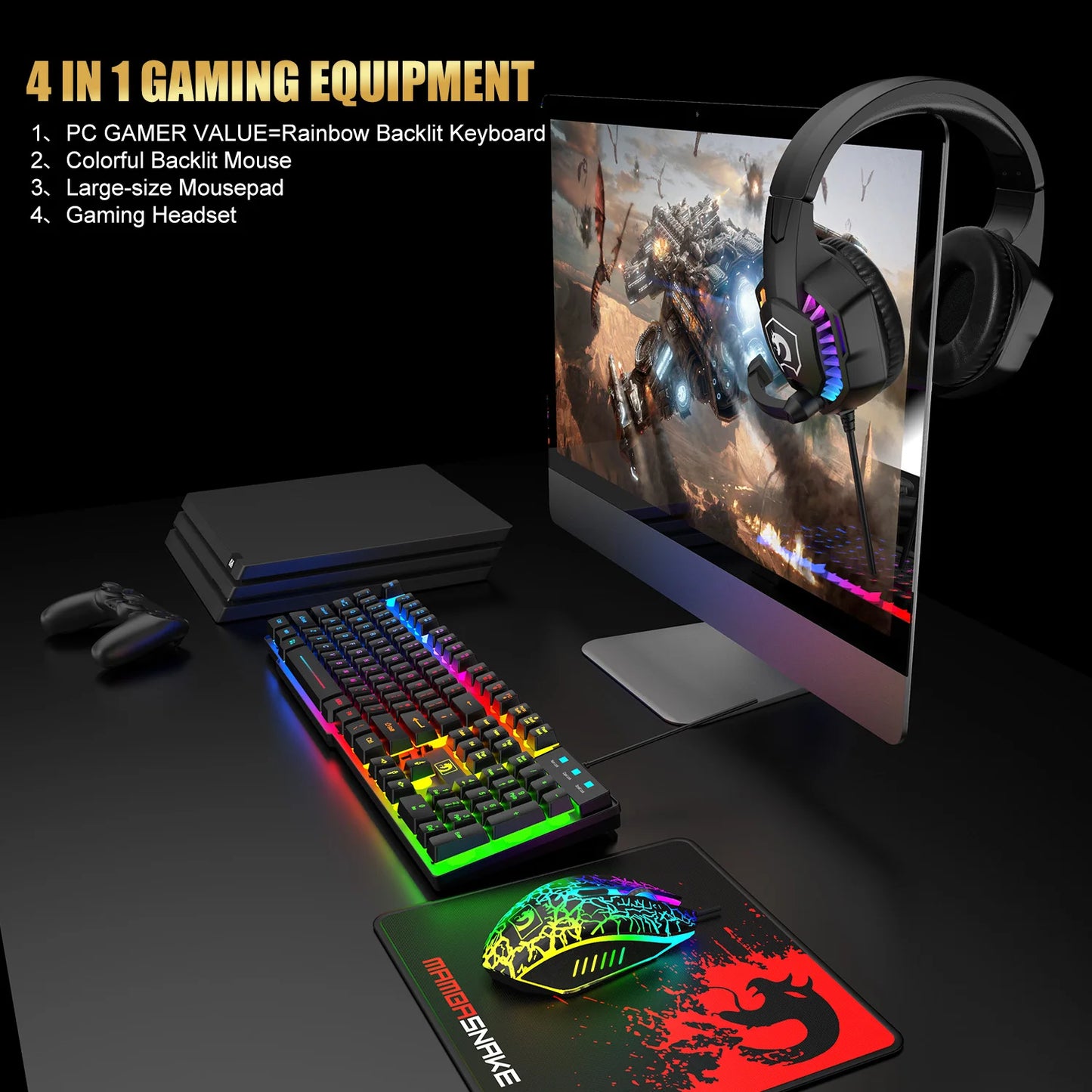 Marveloustoree Wired Gaming Keyboard and Mouse Headset Combo,Rainbow LED Backlit Wired Keyboard