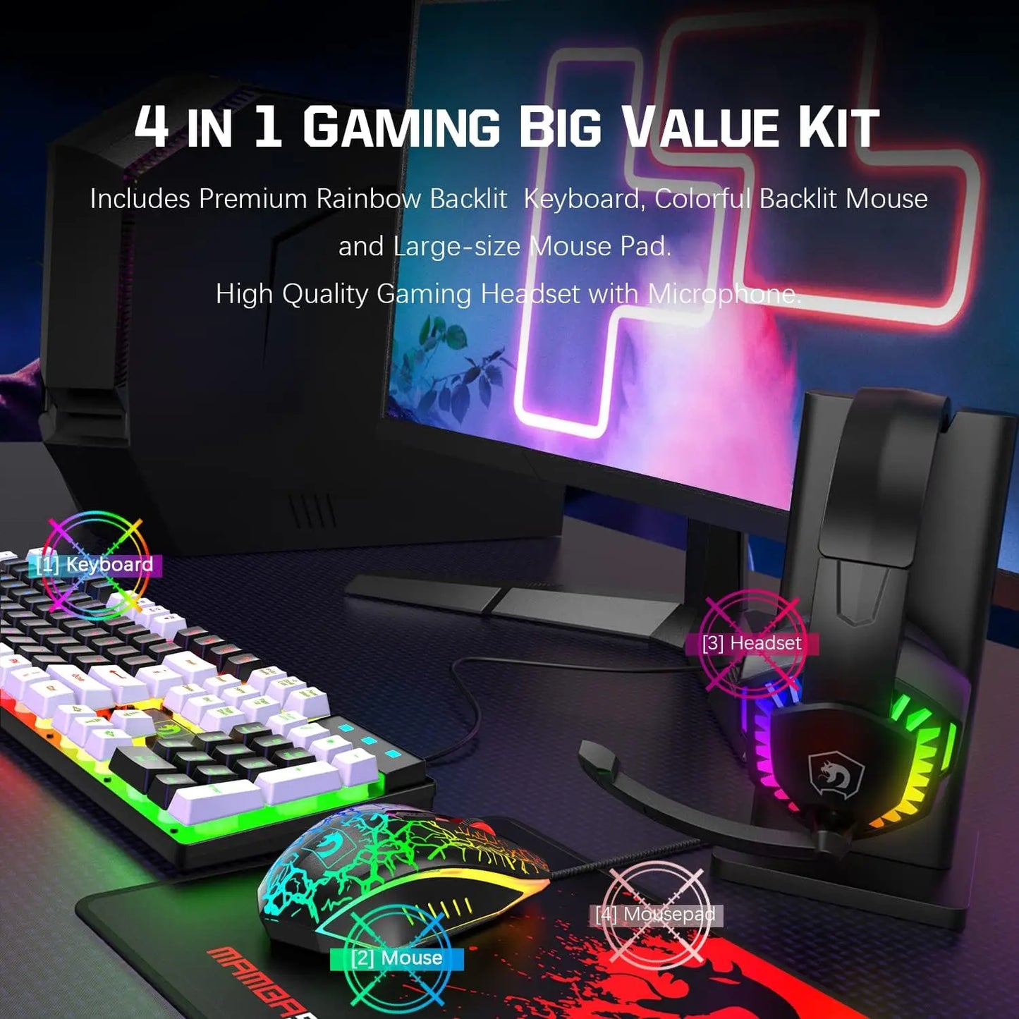 Marveloustoree Wired Gaming Keyboard and Mouse Headset Combo,Rainbow LED Backlit Wired Keyboard