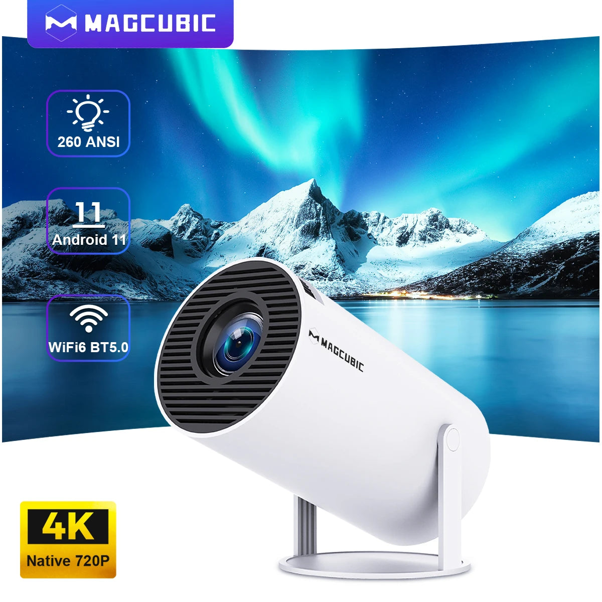 Marveloustoree Super Magcubic 4K  Wifi6 TV Projector Android 11 260 ANSI Bass sound Bluetooth Dual WIFI Allwinner H713 BT5.0 1280*720P Home Cinema Outdoor portable HY300 Pro