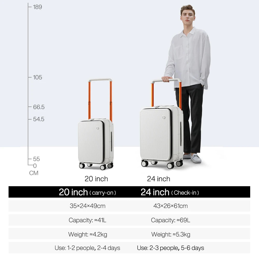 Mixi Front Laptop Pocket Suitcase Wide Handle Travel Suitcase Men 20''Carry-On Luggage Women PC Aluminum Frame Trolley Case 24''