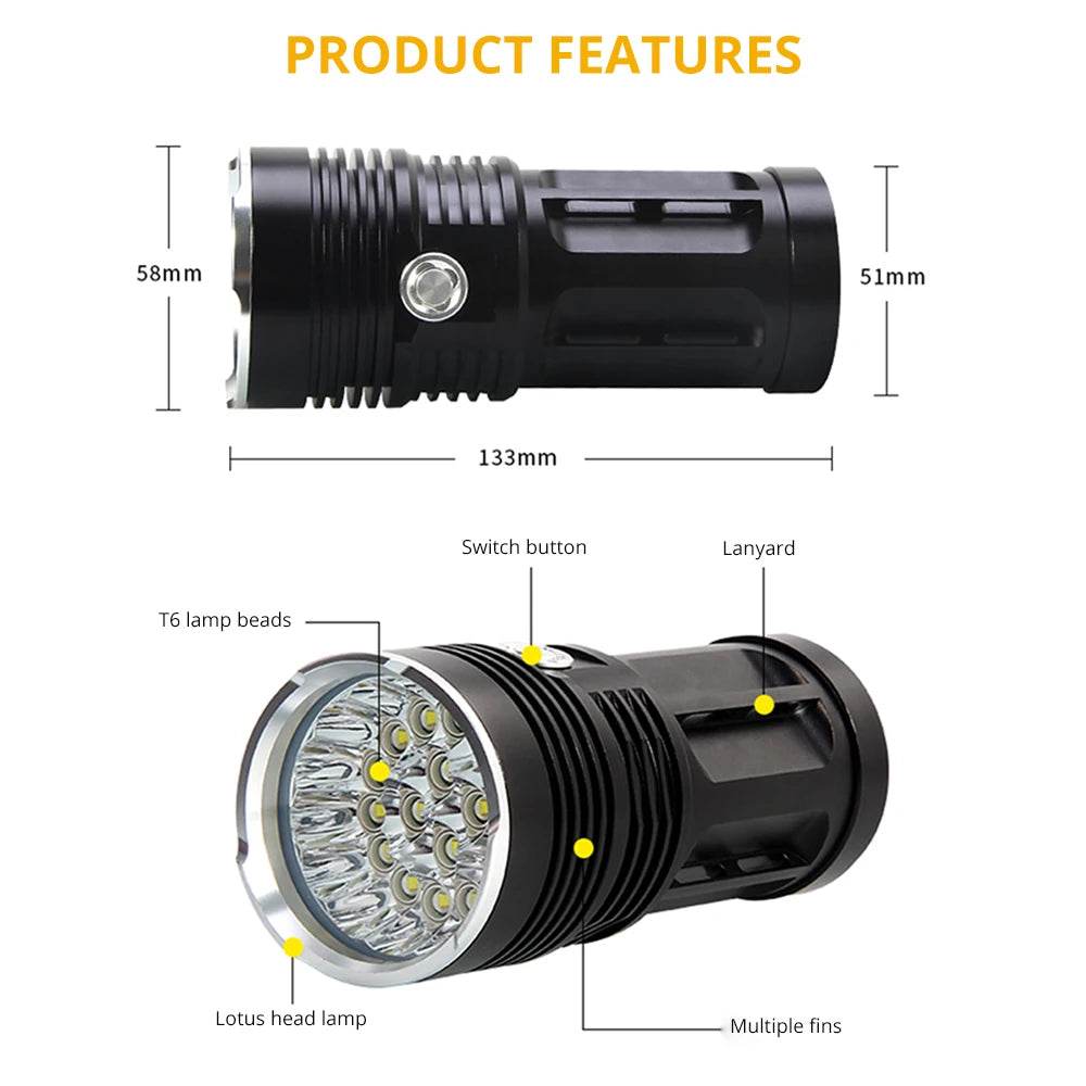 Most Powerful LED Flashlight 3to18*T6 LED Torch Light Tactical Flashlight 3Modes Linterna Portable Lamp Light By 4*18650 - MarvelouStoree