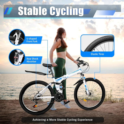 Mountain Bikes 26inch 21 Speeds High Carbon Steel Lightweight Folding Bike Front N Rear Dual Disc Brakes Folding Bike for Adults