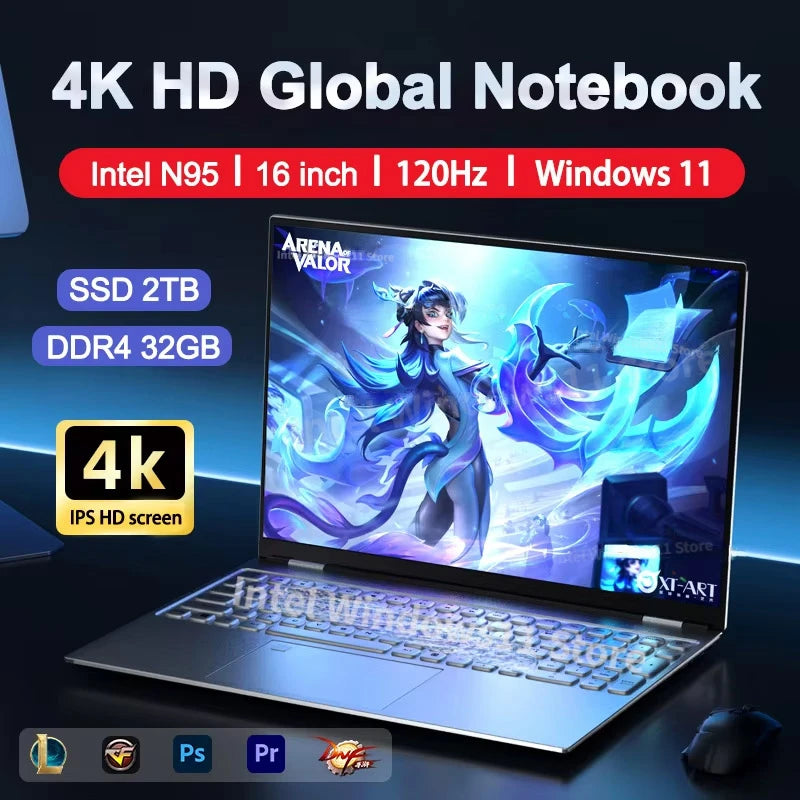 NEW 16'' Laptop Intel N95 4K HD 120HZ Display 32GB+2TB Windows 11 Pro Office Gaming Notebook Computer Fingerprint Unlock PC