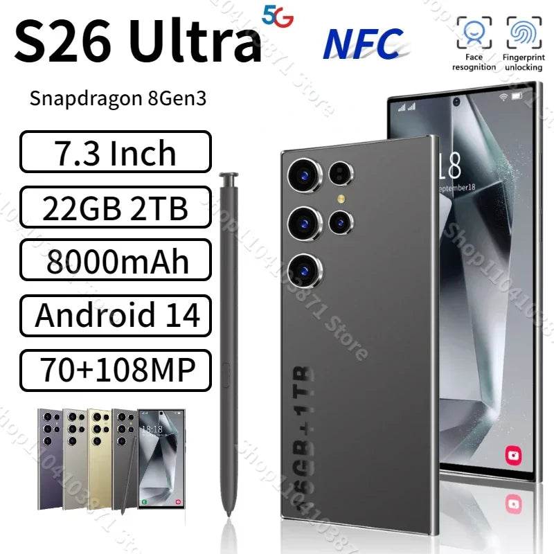 NEW S26 Ultra Smartphone 7.3inch HD 5G Snapdragon 8Gen3 16GB+1TB Android 14 8000mAh 70+108MP Mobile phone Face Recognition - MarvelouStoree