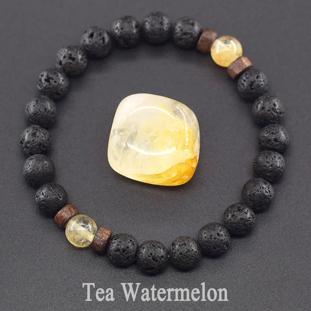 Natural Yellow Tiger Eye Bead Bracelet Men Women Black Volcanic Lava Wristband Tibetan Buddha Elastic Rope Couple Stone Bracelet