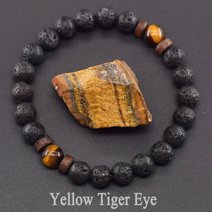 Natural Yellow Tiger Eye Bead Bracelet Men Women Black Volcanic Lava Wristband Tibetan Buddha Elastic Rope Couple Stone Bracelet