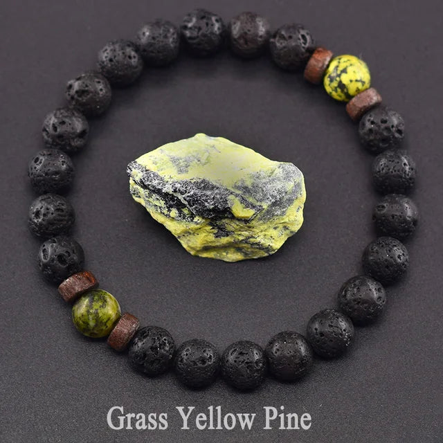 Natural Yellow Tiger Eye Bead Bracelet Men Women Black Volcanic Lava Wristband Tibetan Buddha Elastic Rope Couple Stone Bracelet