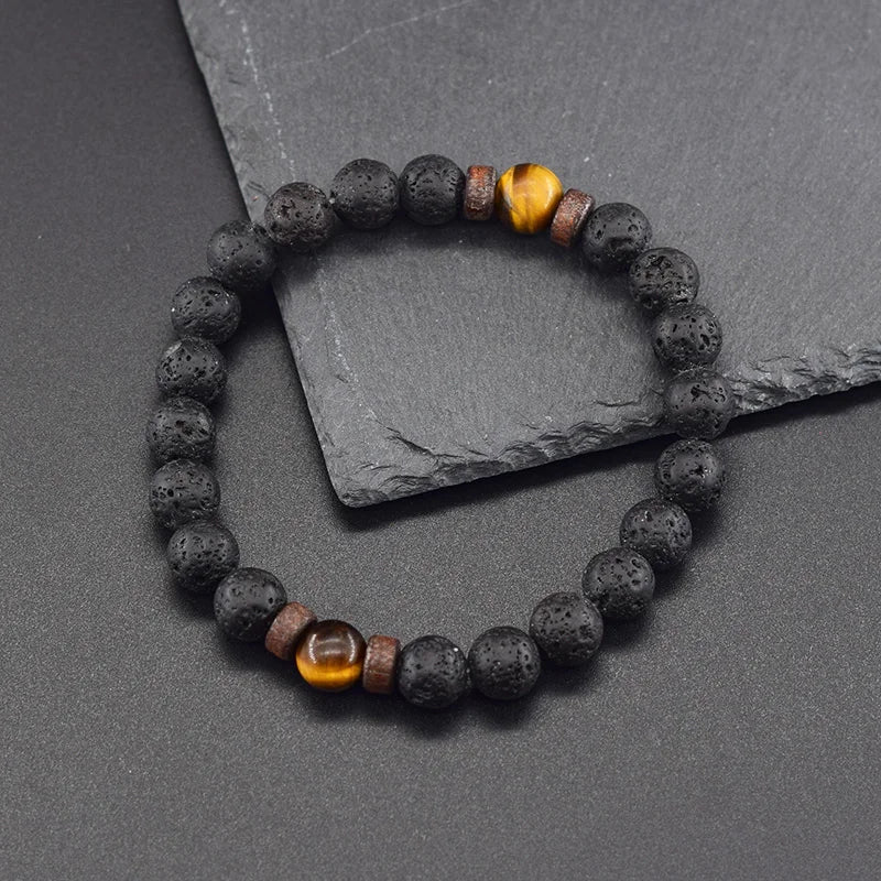 Natural Yellow Tiger Eye Bead Bracelet Men Women Black Volcanic Lava Wristband Tibetan Buddha Elastic Rope Couple Stone Bracelet