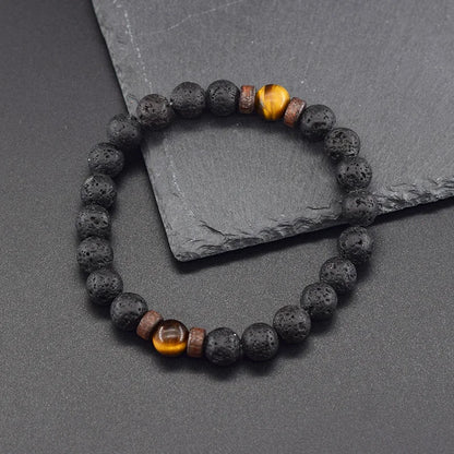 Natural Yellow Tiger Eye Bead Bracelet Men Women Black Volcanic Lava Wristband Tibetan Buddha Elastic Rope Couple Stone Bracelet