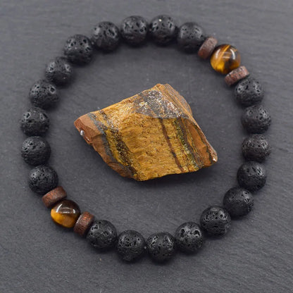 Natural Yellow Tiger Eye Bead Bracelet Men Women Black Volcanic Lava Wristband Tibetan Buddha Elastic Rope Couple Stone Bracelet