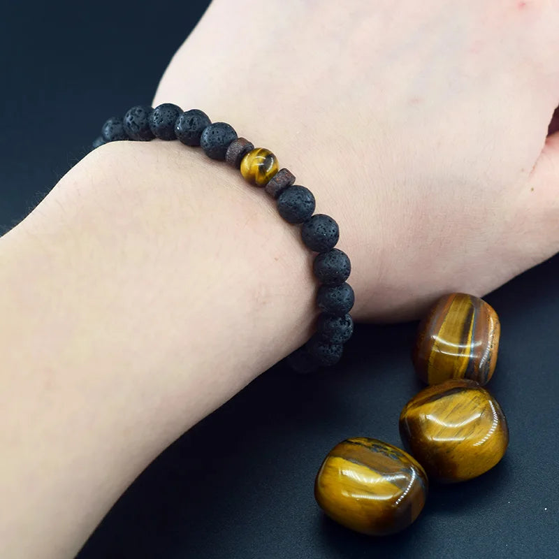 Natural Yellow Tiger Eye Bead Bracelet Men Women Black Volcanic Lava Wristband Tibetan Buddha Elastic Rope Couple Stone Bracelet