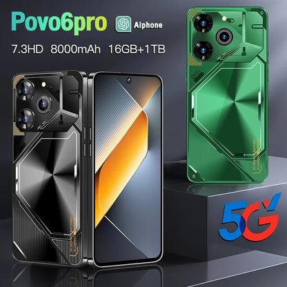 New Smartphone Povo6 Pro 5G 7.3" Snapdragon 8 gen3 Android14 Cellphones Unlocked 8000mAh 16GB+1TB Telefone Global Version Mobile