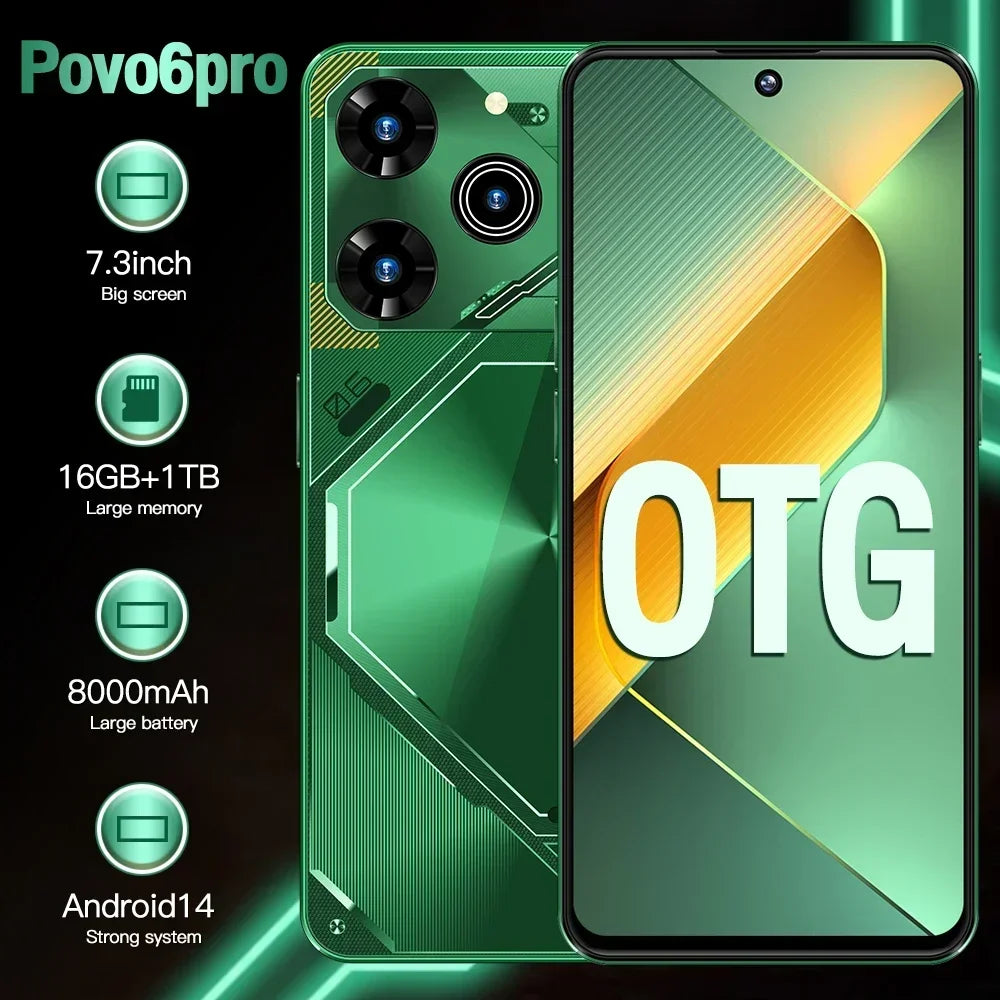 New Smartphone Povo6 Pro 5G 7.3" Snapdragon 8 gen3 Android14 Cellphones Unlocked 8000mAh 16GB+1TB Telefone Global Version Mobile