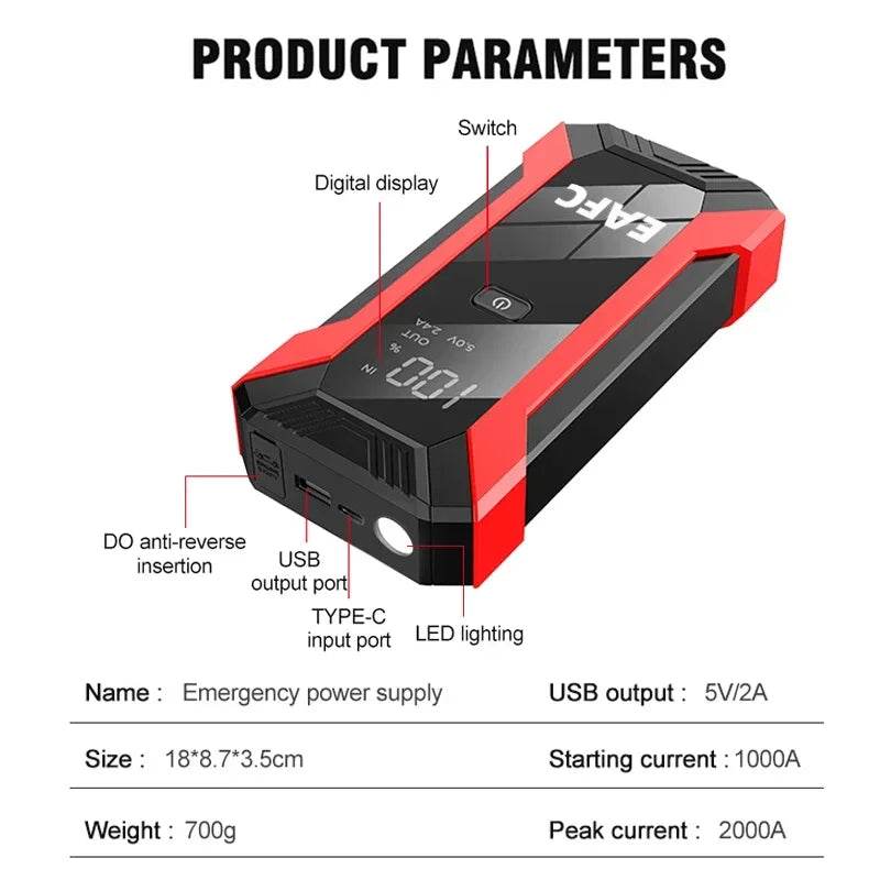 Newest Jump Starter Power Bank 2000A/1200A Portable Charger Car Booster 12V Auto Starting Device Emergency Car Battery Starter - MarvelouStoree