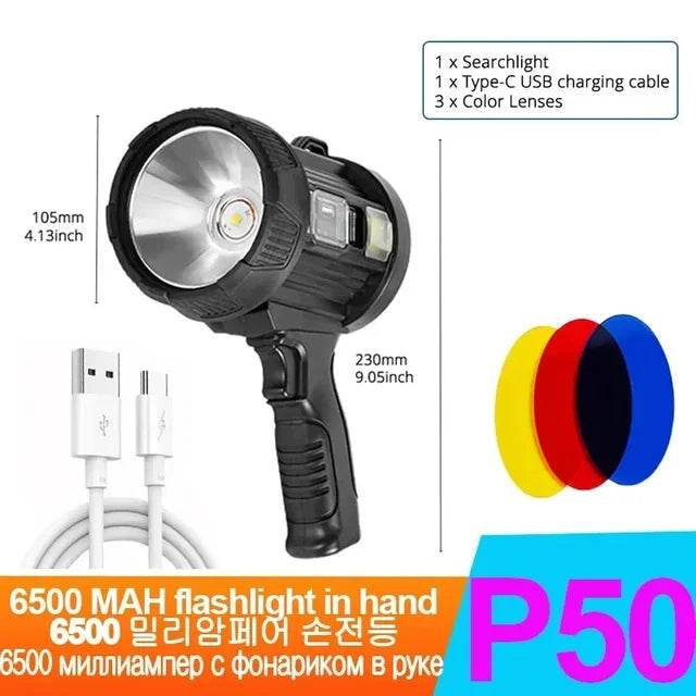 Newest XP70 Super Brightness Rechargeable Led Flashlight Solar Searchlight Powerful Torch Spotlight Portable Lighting 9000mAh - MarvelouStoree