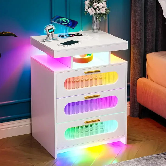 Nightstand Set of 2, Wireless Charging with LED Lights, 3 Drawers Night Stands, Bedside End Table with Smart Sensor,