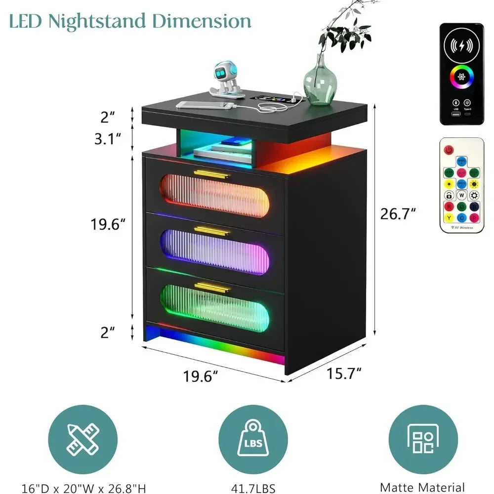 Nightstand Set of 2, Wireless Charging with LED Lights, 3 Drawers Night Stands, Bedside End Table with Smart Sensor,