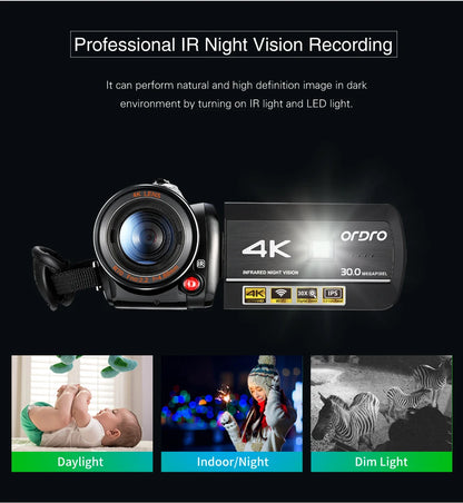 ORDRO AC3 4K Digital Video Camera Camcorder Infrared Night Vision Webcam Function for YouTube Vlog Videos Home Use Recorder