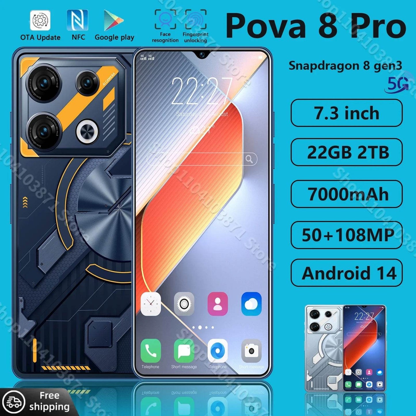 Original Pova 8 Pro Smartphone 5G 7.3inch HD 22G+2TB Cell Phone Dual SIM Mobile Phones 50+108MP 7000mAh Android 14 Unlocked NFC - MarvelouStoree