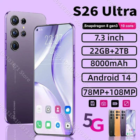 Original S26 Ultra Smartphone 5G 7.3inch HD 22G+2TB Cell Phone Dual SIM Mobile Phones 78+108MP 7800mAh Android 14 Unlocked NFC - MarvelouStoree