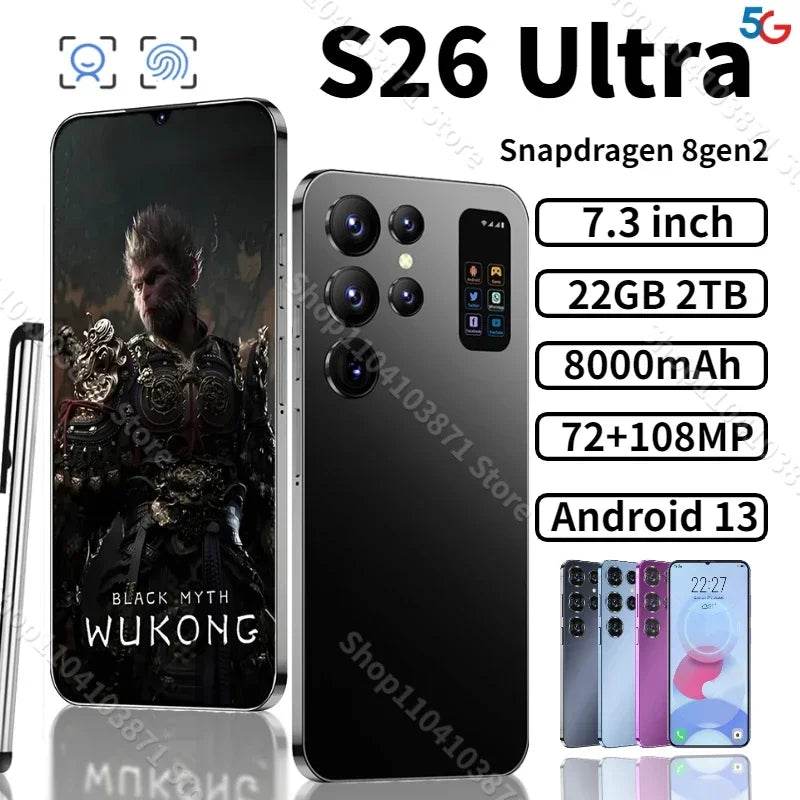 Original S26 Ultra Smartphone Qualcomm8 Gen2 22GB+2TB 7000mAh 72+108MP Dual SIM Dual Standby 5G Android14 Global Version NFC - MarvelouStoree