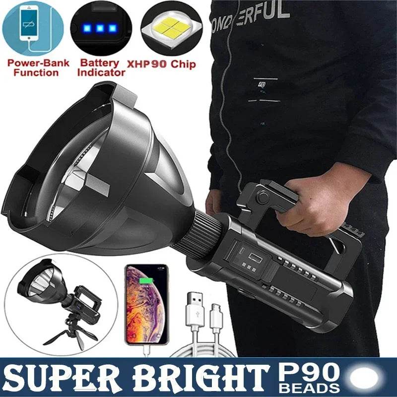 P90 Portable Powerful LED Flashlight Mountable Bracket Handheld Searchlight USB Rechargeable Spotlight Waterproof Torch Light - MarvelouStoree