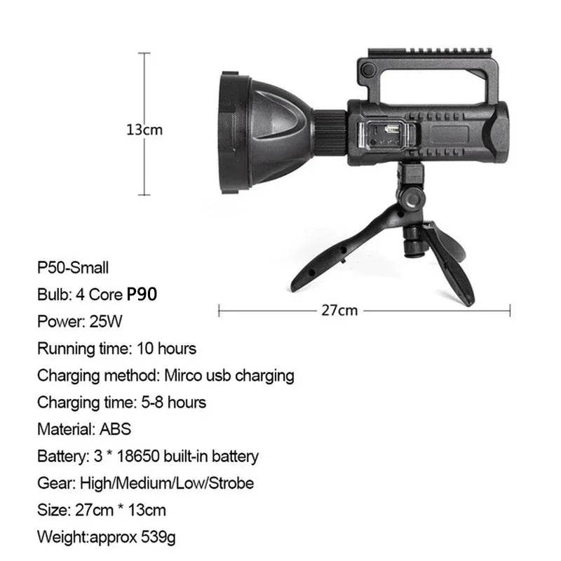 P90 Portable Powerful LED Flashlight Mountable Bracket Handheld Searchlight USB Rechargeable Spotlight Waterproof Torch Light - MarvelouStoree