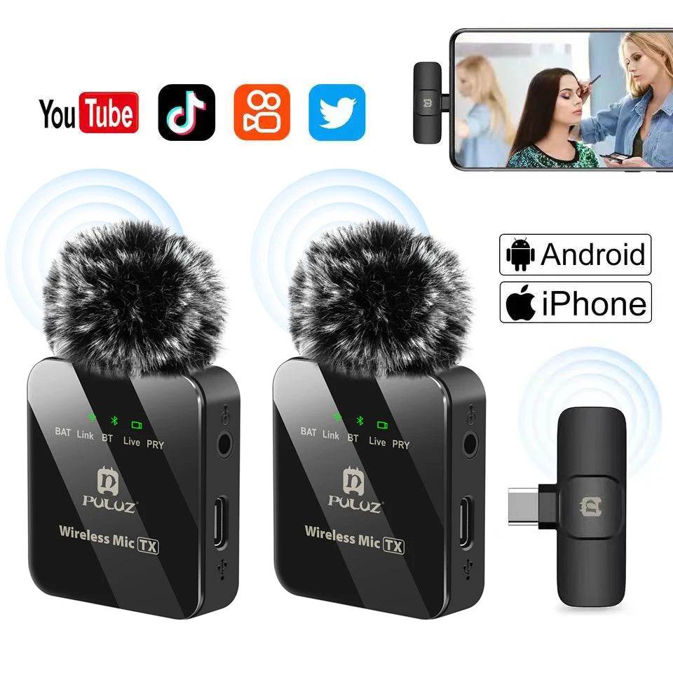 PULUZ Wireless Lavalier Microphone Portable Audio Video Recording Mini Mic for iPhone Android Outdoor Live Broadcast Phone Mic - MarvelouStoree