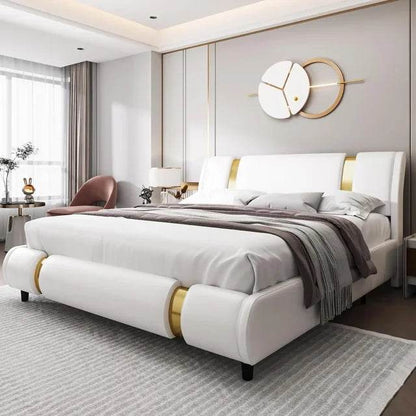 Platform bed frame, upholstered in faux leather, gold iron metal upholstery, adjustable curved headboard platform bed frame - MarvelouStoree