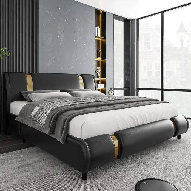 Platform bed frame, upholstered in faux leather, gold iron metal upholstery, adjustable curved headboard platform bed frame - MarvelouStoree