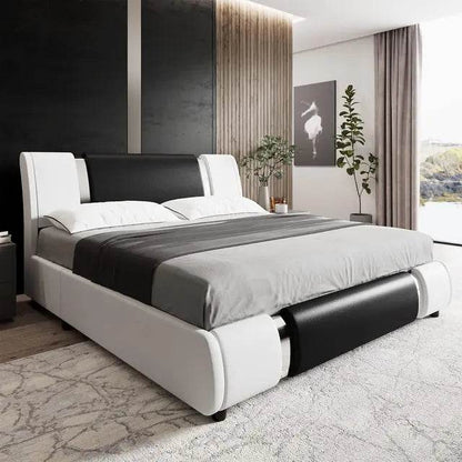 Platform bed frame, upholstered in faux leather, gold iron metal upholstery, adjustable curved headboard platform bed frame - MarvelouStoree