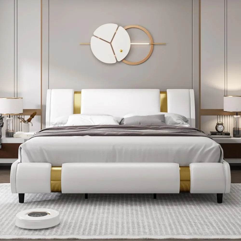 Platform bed frame, upholstered in faux leather, gold iron metal upholstery, adjustable curved headboard platform bed frame - MarvelouStoree