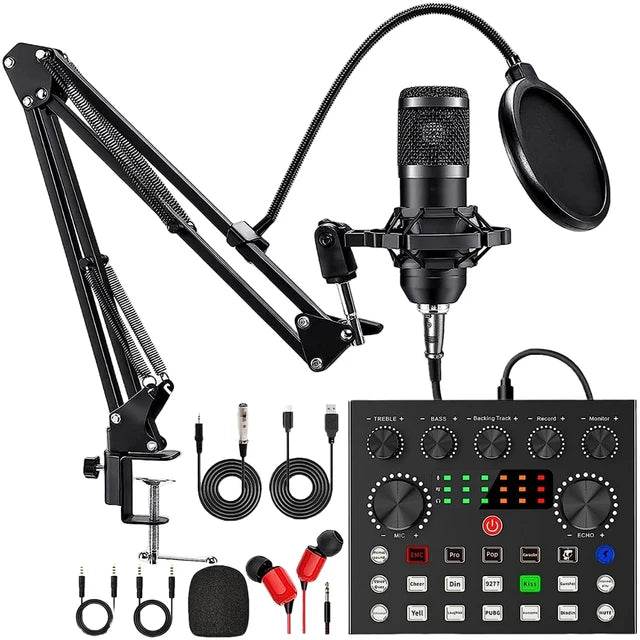 Podcast Equipment Bundle with BM800 Microphone V8 Sound Card Audio Condenser Mic for Recording Broadcasting Live Streaming - MarvelouStoree