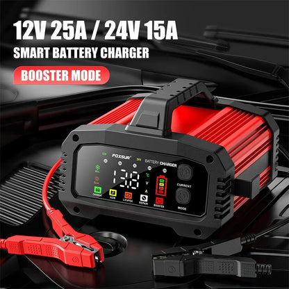 Portable 25A/15A Smart Car Battery Charger for 12V-24V Motorcycle Lead Acid AGM GEL LiFePo4 Batteries Car Booster Pulse Repair