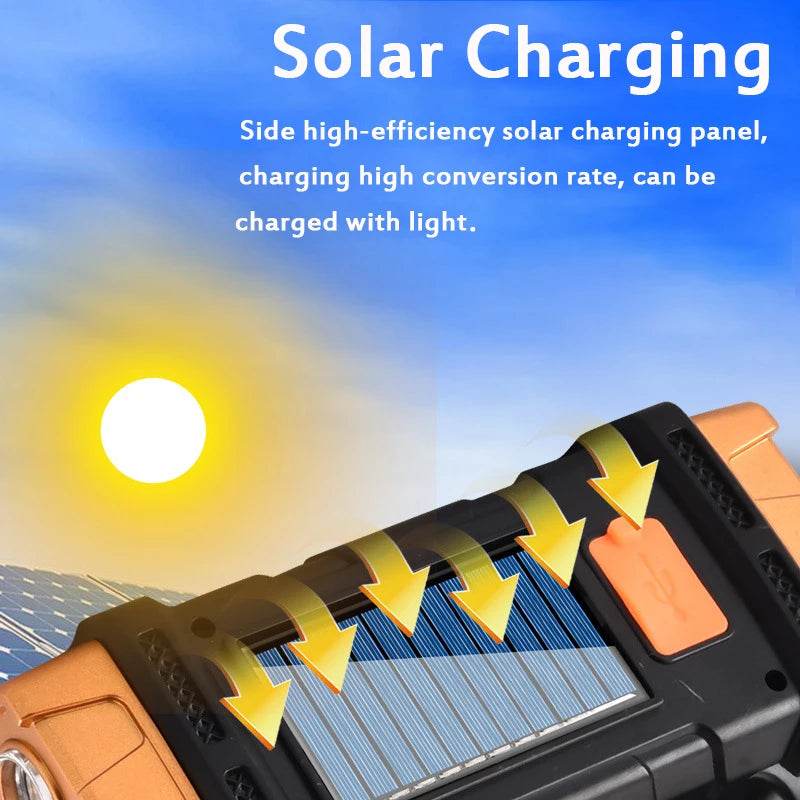 Portable Powerful Solar LED Flashlight With COB Work Lights USB Rechargeable Handheld 4 Lighting Modes Outdoor Solar Torch Light - MarvelouStoree