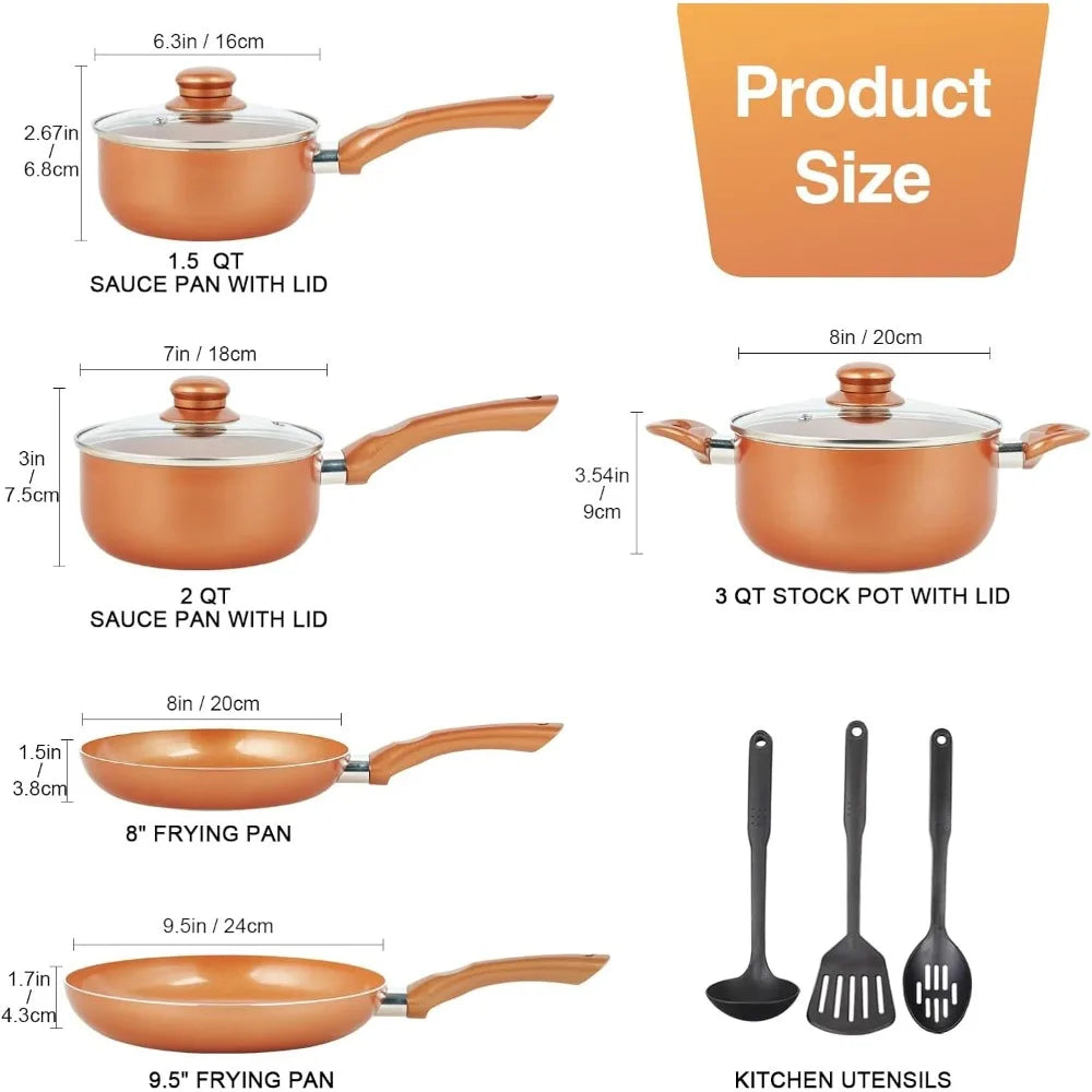 Pots and Pans Set Ultra Nonstick, Pre-Installed 11pcs Cookware Set Copper with Ceramic Coating, Stay cool handle