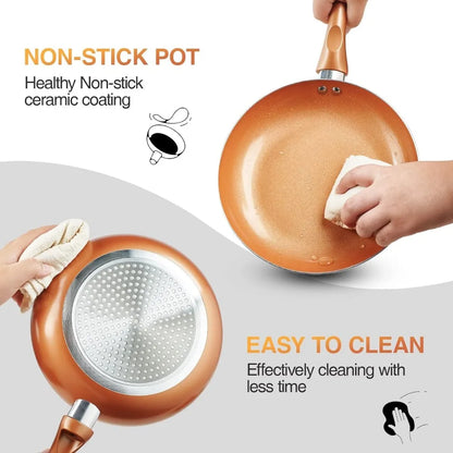 Pots and Pans Set Ultra Nonstick, Pre-Installed 11pcs Cookware Set Copper with Ceramic Coating, Stay cool handle