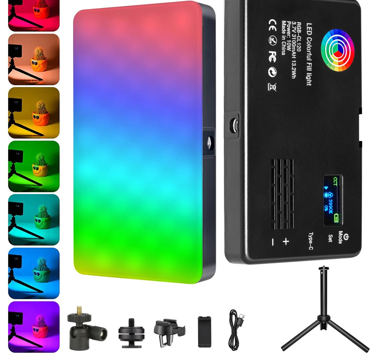 Marveloustoree RGB LED Video Light Photography Fill Camera Lighting Panel CRI95+ 2500-9000K LCD Display Cold Shoe For Vlog Live Streaming DSLR