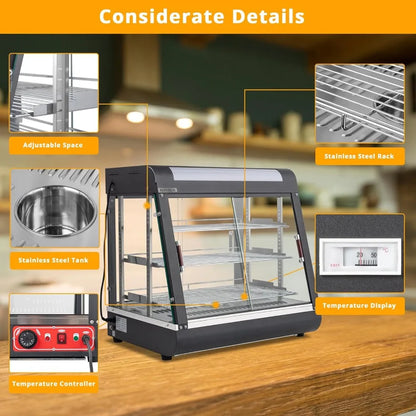 ROVSUN 26" Commercial Food Warmer Display Pizza Warmer, 3-Tier Electric Countertop Food Warmer w/LED Lighting Adjustable