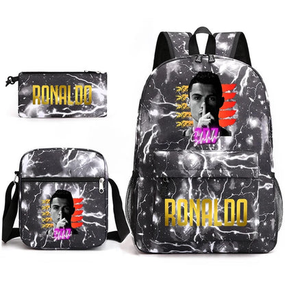 Ronaldo print student schoolbag 3-piece set youth backpack pencil case shoulder bag set