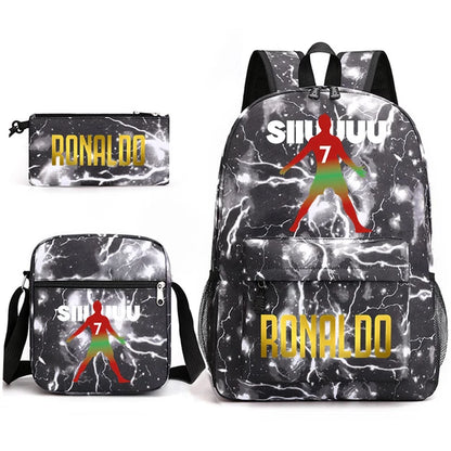 Ronaldo print student schoolbag 3-piece set youth backpack pencil case shoulder bag set