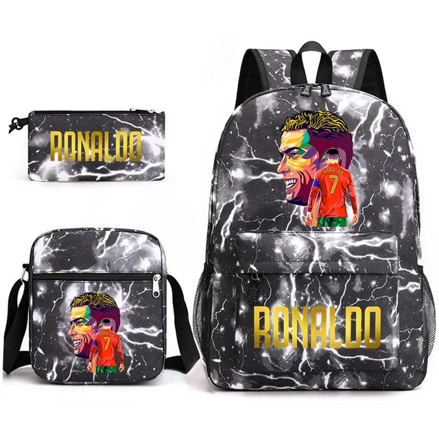 Ronaldo print student schoolbag 3-piece set youth backpack pencil case shoulder bag set