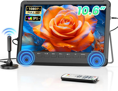 10.6" Small TV, 1080P Portable TV with Detachable Antenna, Mini TV with IPS Display, Rechargeable Battery Operated