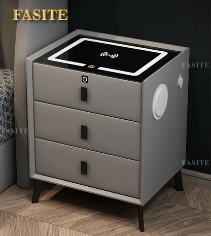 3 Drawers Smart Bedside Table with Wireless Charging Solid Wood Bedroom End with Fingerprints Lock Hotel Nightstands