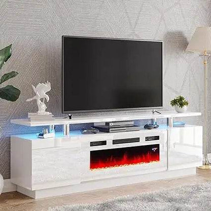 Fireplace TV Stand with Fireplace, Modern High Gloss Fireplace Entertainment Center LED Lights, 2 Tier TV Console Cabinet - MarvelouStoree