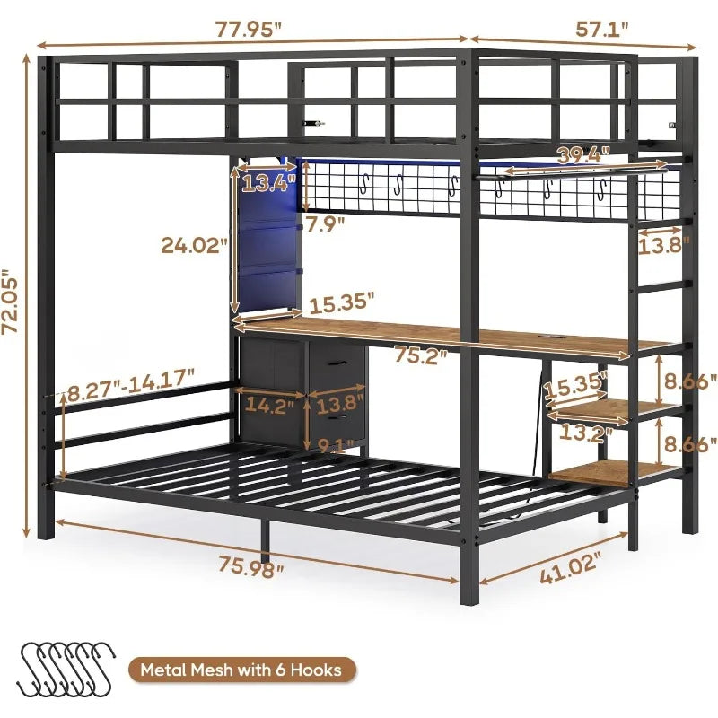 Full Size Double Bed with Desk and Charging Station with Led Light and Storage Rack, Safety Guard and Ladder