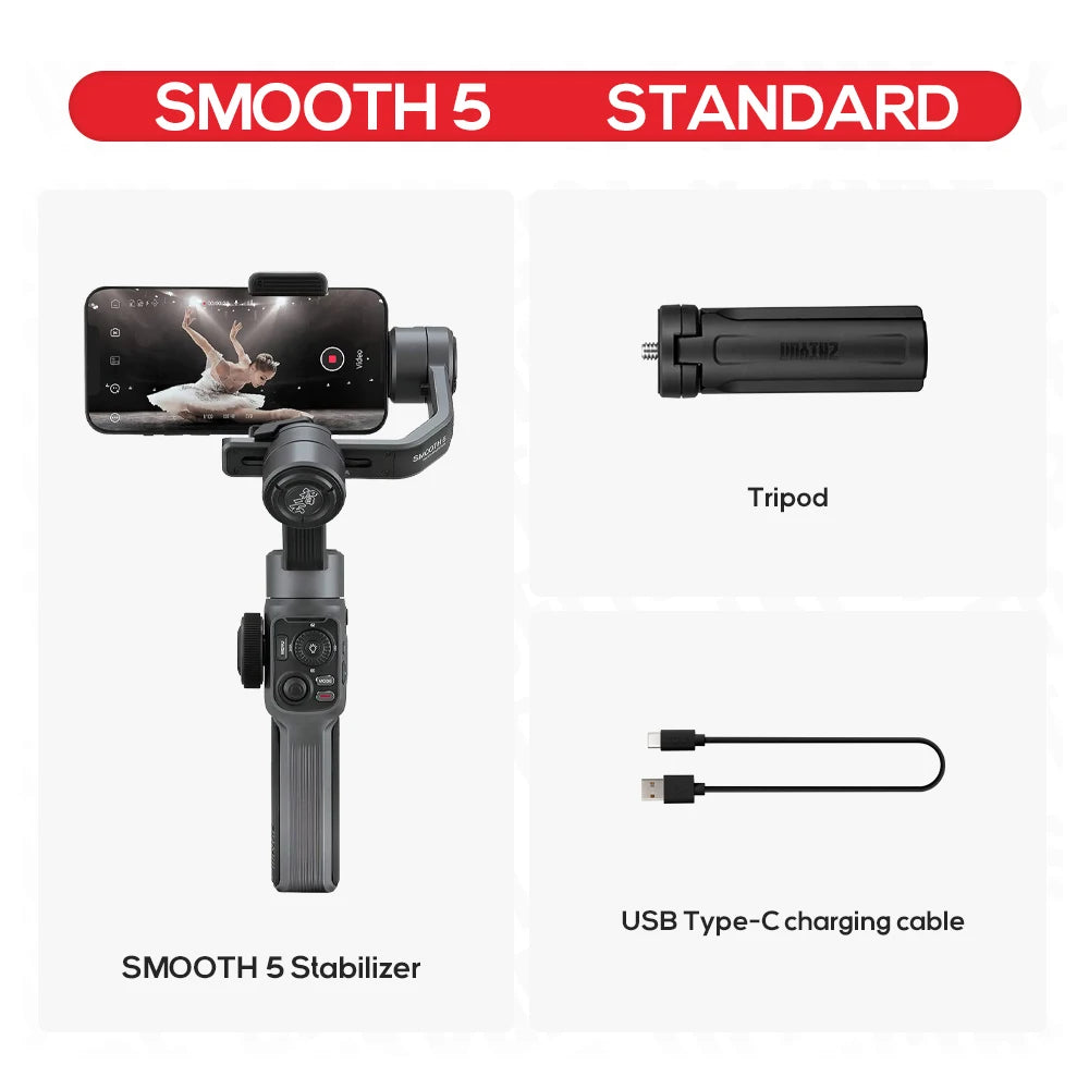 ZHIYUN Smooth 5 Gimbal Phone Handheld Stabilizer 3-Axis Portable Smartphone for iPhone 15 / Huawei / Xiaomi